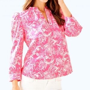 Goop X Lilly Pulitzer The Paltrow Blouse Top In Hotty Pink Floral Size: Small